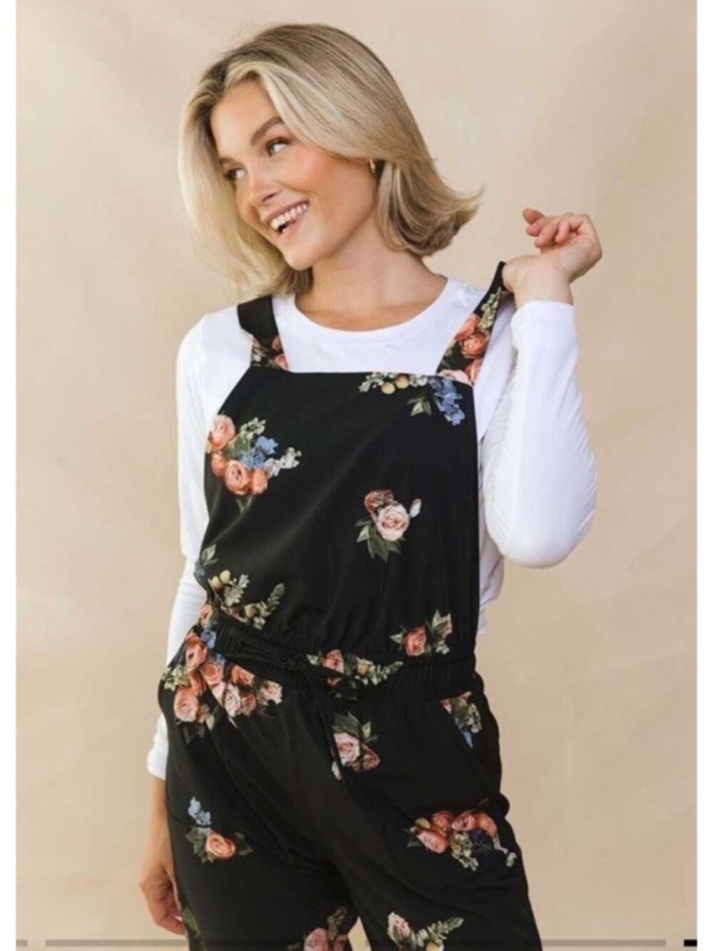 ALBION FIT Rose Black Classic Overall Jumpsuit Size Large Romantic Floral - Picture 11 of 11